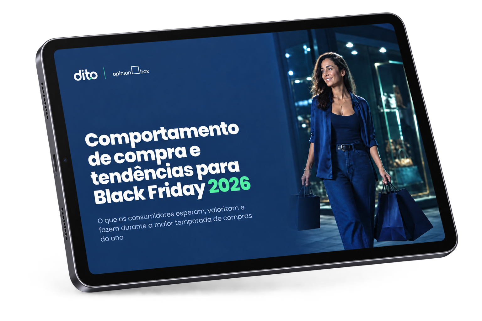 Pesquisa Comportamento de compra e tendências para Black Friday 2026 exibida em um tablet